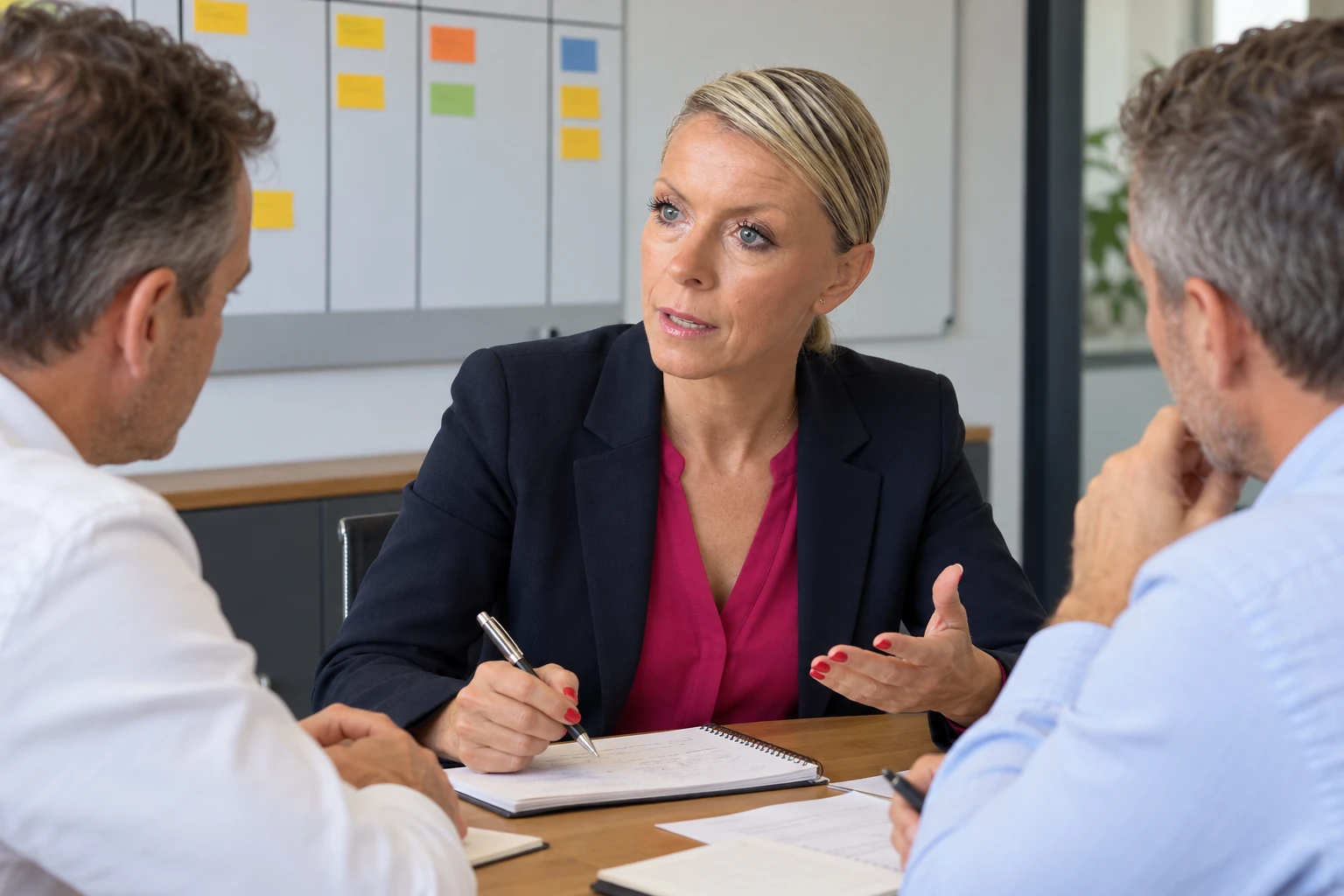 Illustration : Susane posant une question à deux dirigeants pendant une réunion de stratégie marketing