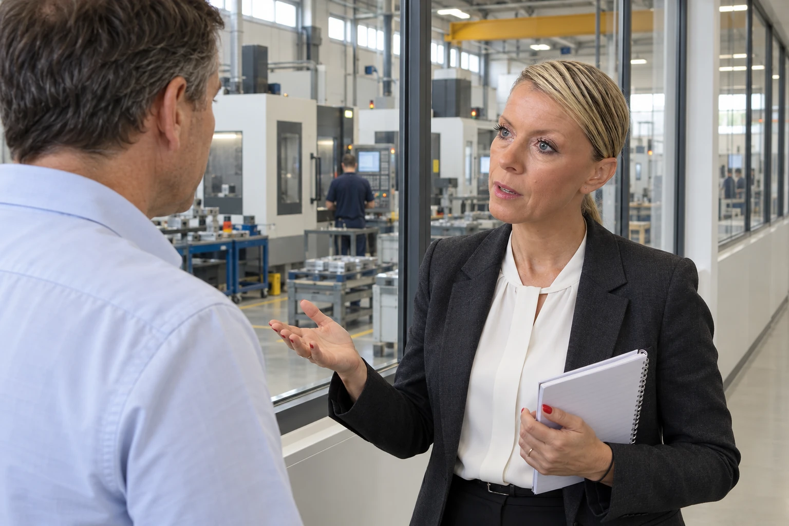 Illustration : Susane interrogeant un interlocuteur industriel lors d’une visite d’entreprise